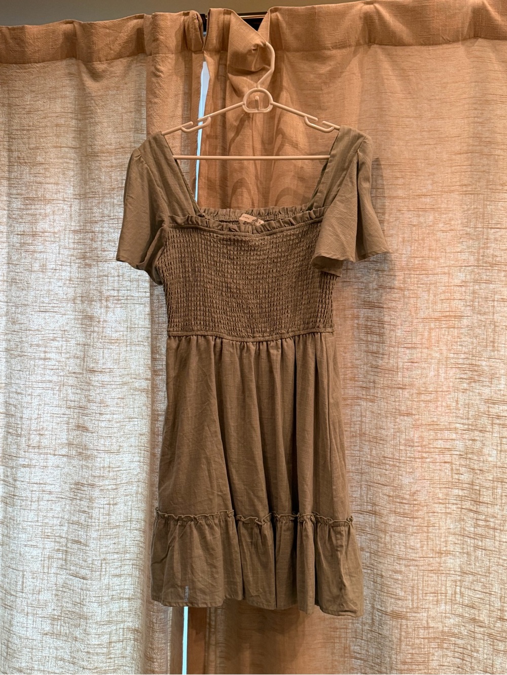 Smocked Square-Neck Mini Dress in Olive
